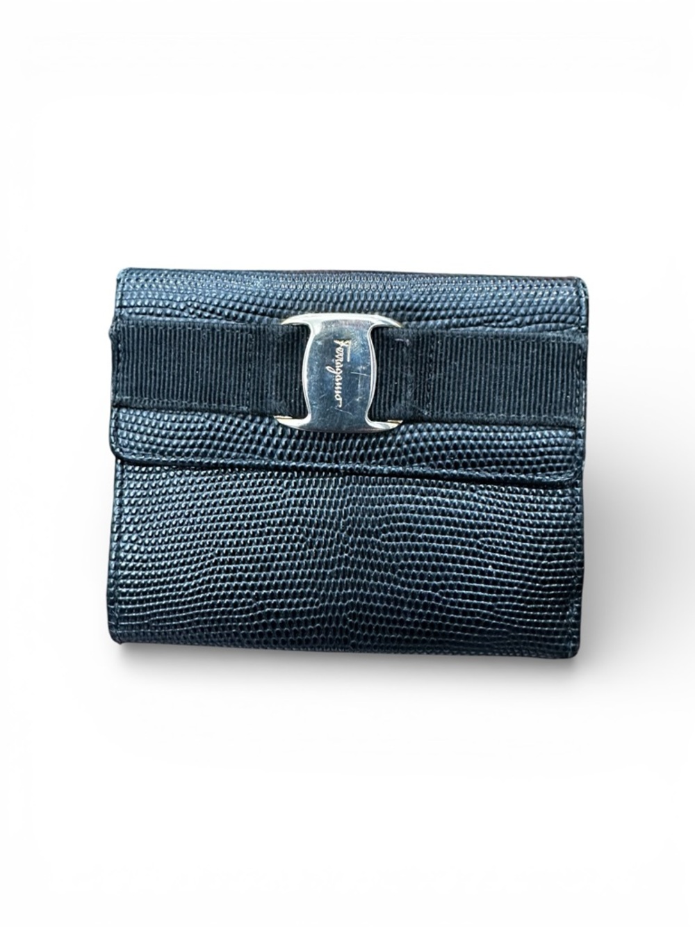 Vintage Salvatore Ferragamo Black Vara Bow Wallet | Lizard Embossed Leather